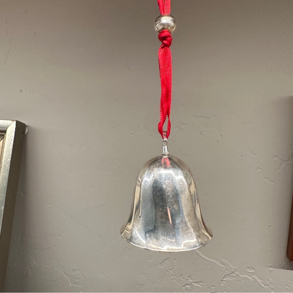 RICCI | Silver Holiday Bell Ornament Red Ribbon 1988 silverplate Christmas bell - Picture 2 of 6